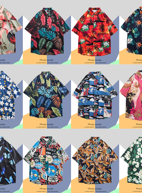 夏季港风日系短袖衬衫男韩版潮流宽松夏威夷复古痞帅海边花衬衣潮