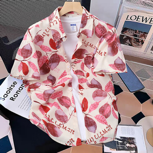 花衬衫男款夏季美式夏威夷海滩短袖衬衣潮牌大码宽松休闲痞帅外套