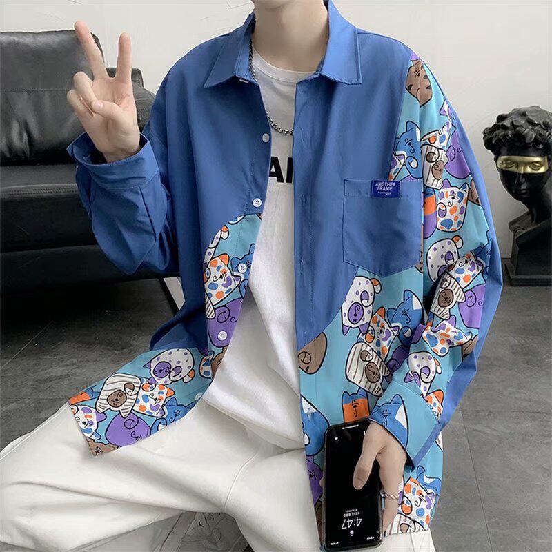 长袖衬衫男港风潮流卡通设计感休闲衬衣秋季宽松潮牌日系痞帅外套