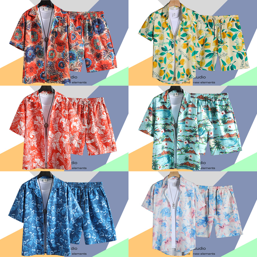 港风vintage花衬衫男女夏威夷大码宽松短裤休闲夏日沙滩套装衬衣