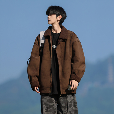 二更皮毛一体羊羔绒棉衣外套男