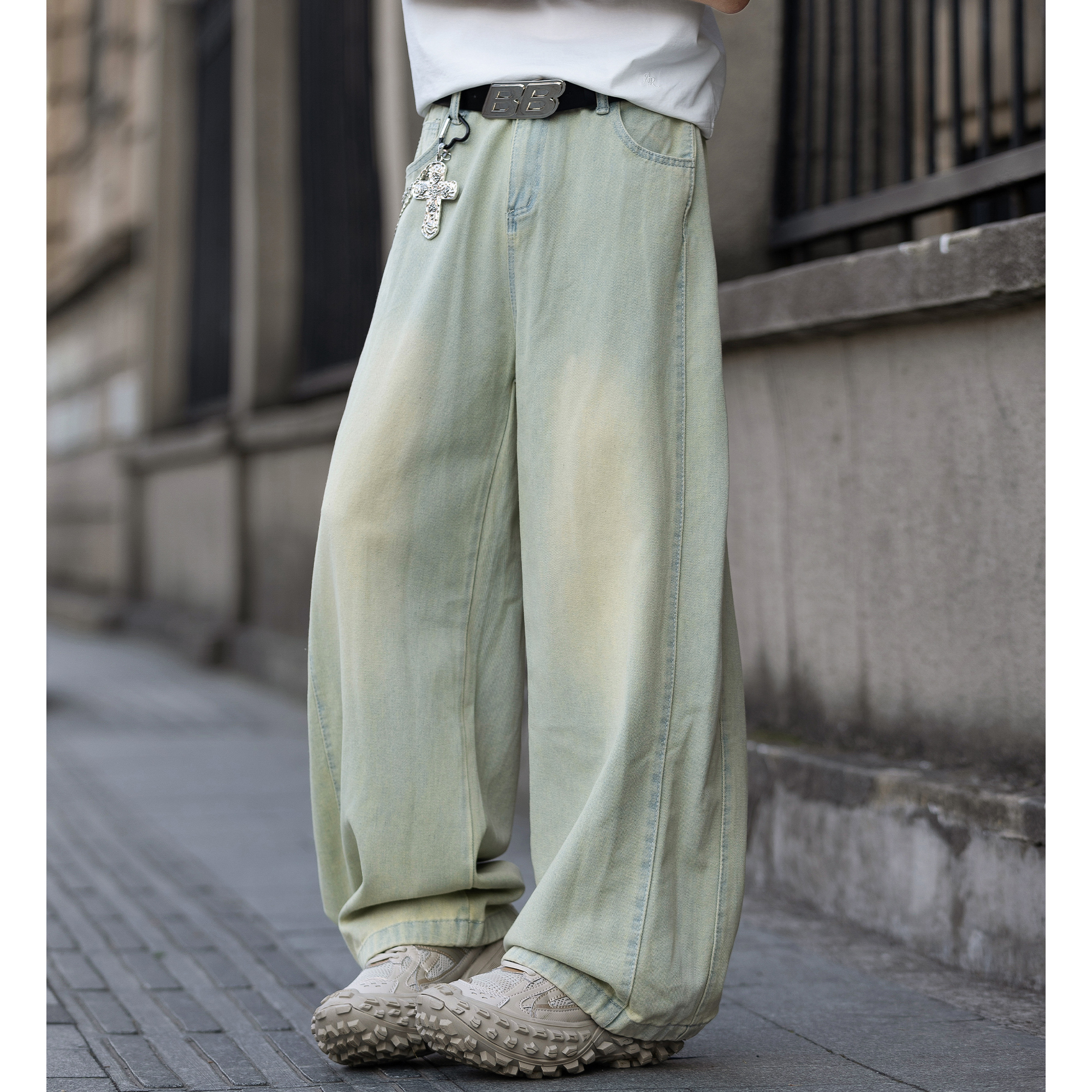 二更复古蓝做旧牛仔裤男款夏季薄款宽松直筒美式高街潮牌男士裤子