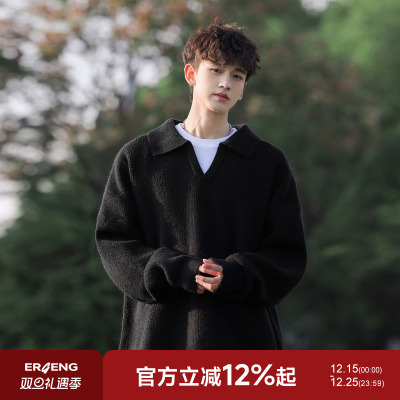 @二更翻领黑色毛衣男款秋冬季