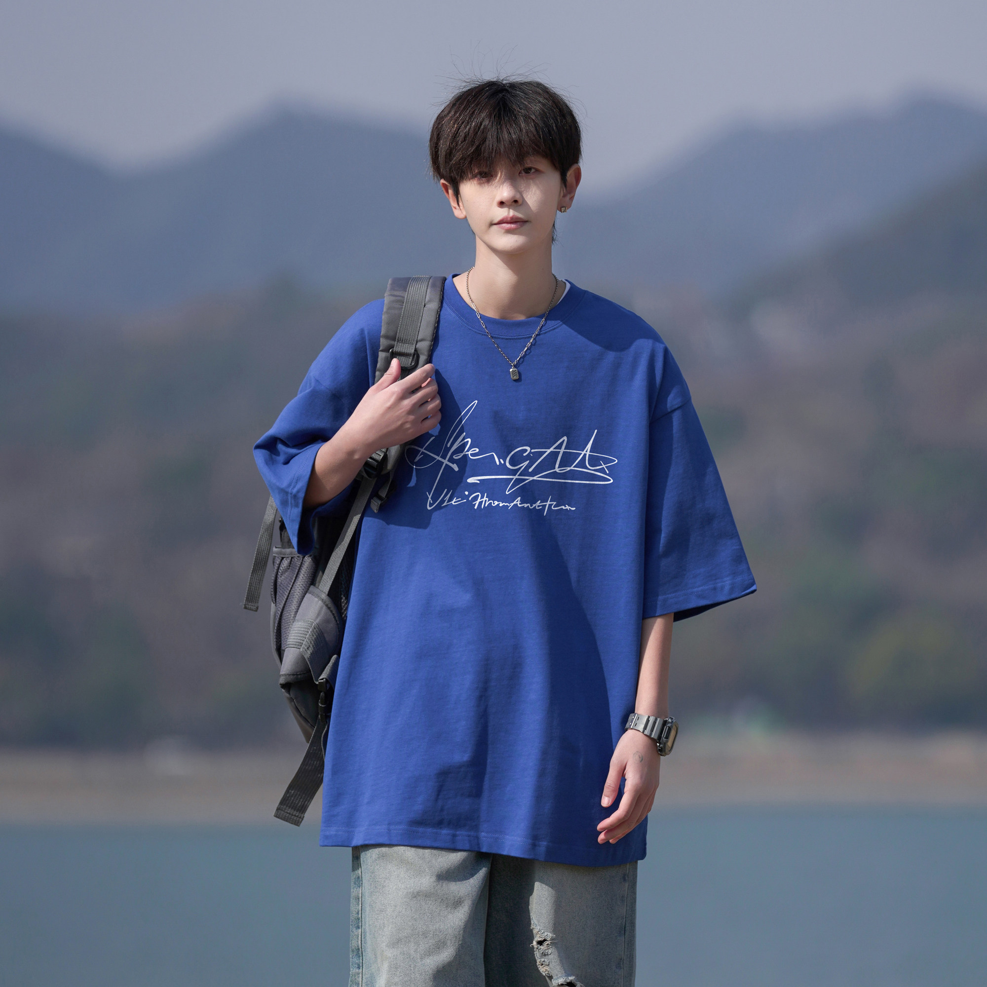 二更夏季纯棉短袖T恤男美式ins宽松衣服半袖薄款青少年体恤衫男生图片