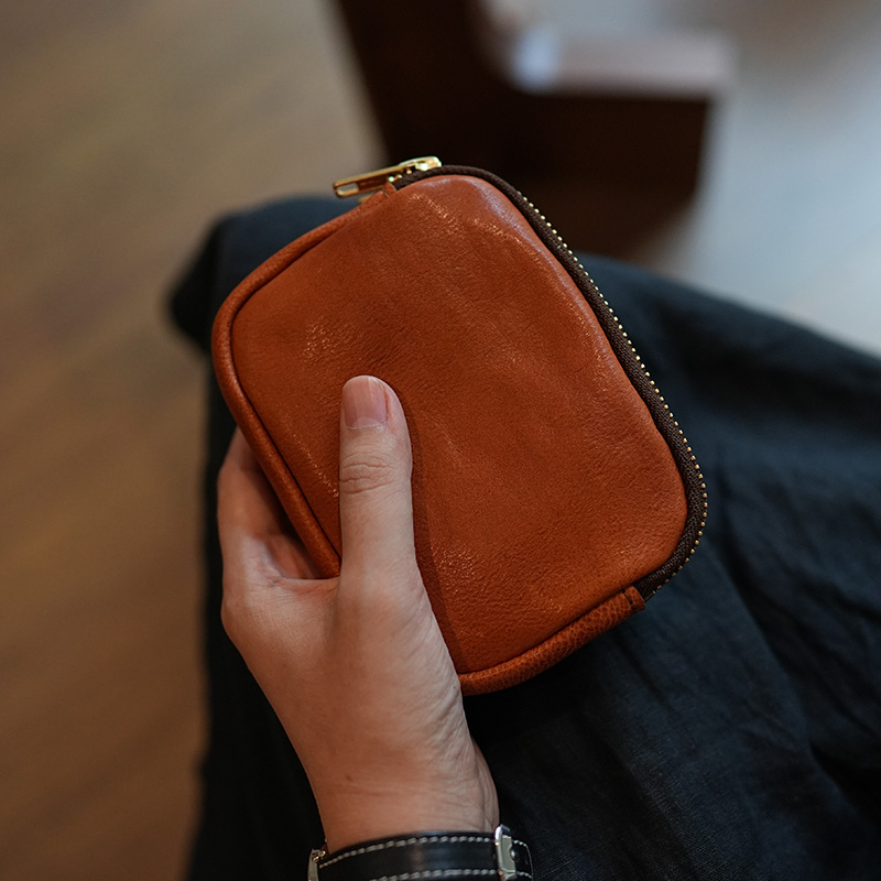 植鞣牛皮小众复古双拉链零钱包