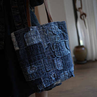 复古褴褛做旧古布手缝托特包