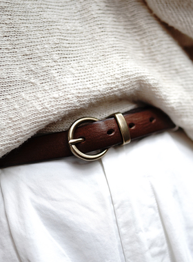 定制植鞣牛皮文艺复古小圆扣真皮铜扣百搭休闲女式牛仔裤皮带腰带