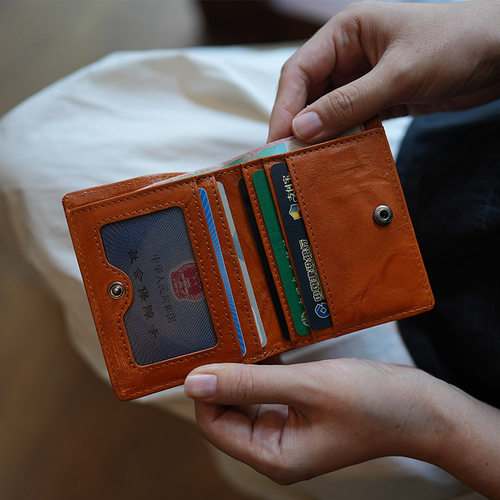 鹿小姐植鞣牛皮复古褶皱小钱夹