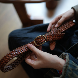 小众设计复古编织做旧植鞣牛皮日字铜扣百搭时尚真皮女式腰带皮带