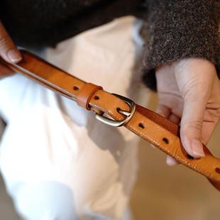 水染植鞣牛皮文艺复古铜针扣真皮简约百搭女士牛仔裤 皮带腰带 窄款