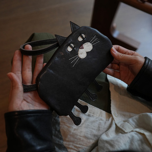 鹿小姐复古可爱猫咪植鞣牛皮大容量真皮银行卡零钱收纳长款钱包