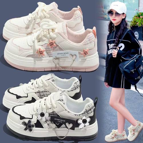 女童小白鞋2024夏秋新款花朵帆布鞋学生百搭休闲中大童厚底板鞋潮