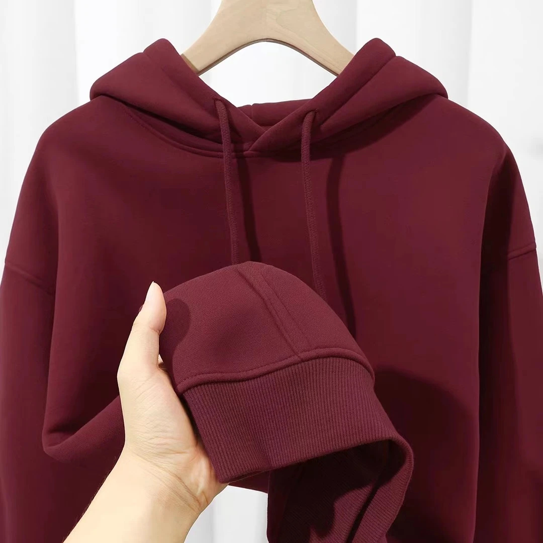 显白酒红色350g重磅连帽卫衣男秋冬款美式复古宽松纯色简约上衣女