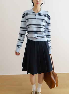 floradance松弛感翻领miu系条纹衫女2026春通勤polo领薄款针织衫