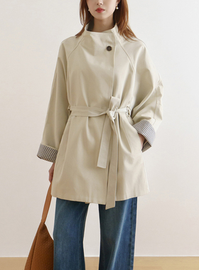 floradance早春韩系风衣女2026新款简约通勤宽松立领收腰中长外套