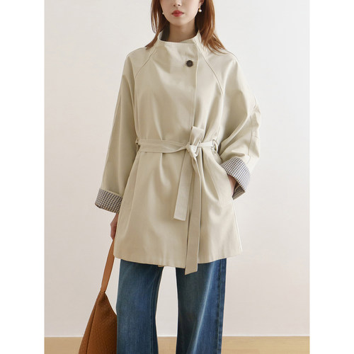 floradance早春韩系风衣女2026新款简约通勤宽松立领收腰中长外套