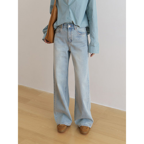 floradance浅蓝水洗牛仔裤女2026春新款轻奢复古宽松直筒阔腿长裤