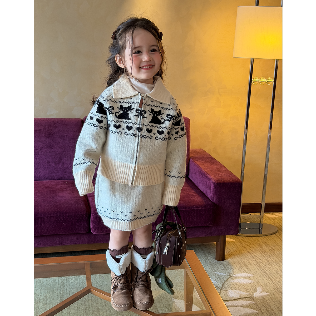 女童拉链毛衣外套短裙两件套2026秋季儿童韩版费尔岛提花针织开衫