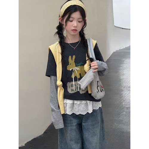女童秋装假两件涂鸦裤T恤套装