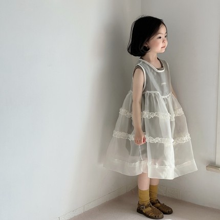 女童欧根纱连衣裙套装2025新款夏装儿童韩版背心裙女宝洋气公主裙