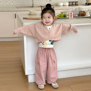 女童春装新款宽松短款毛衣外套2024中小童蝙蝠型韩版彩点针织开衫