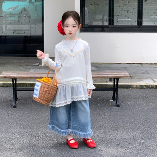 韩版女童蕾丝吊带背心木耳边打底衫流苏牛仔裤三件套秋季叠穿套装