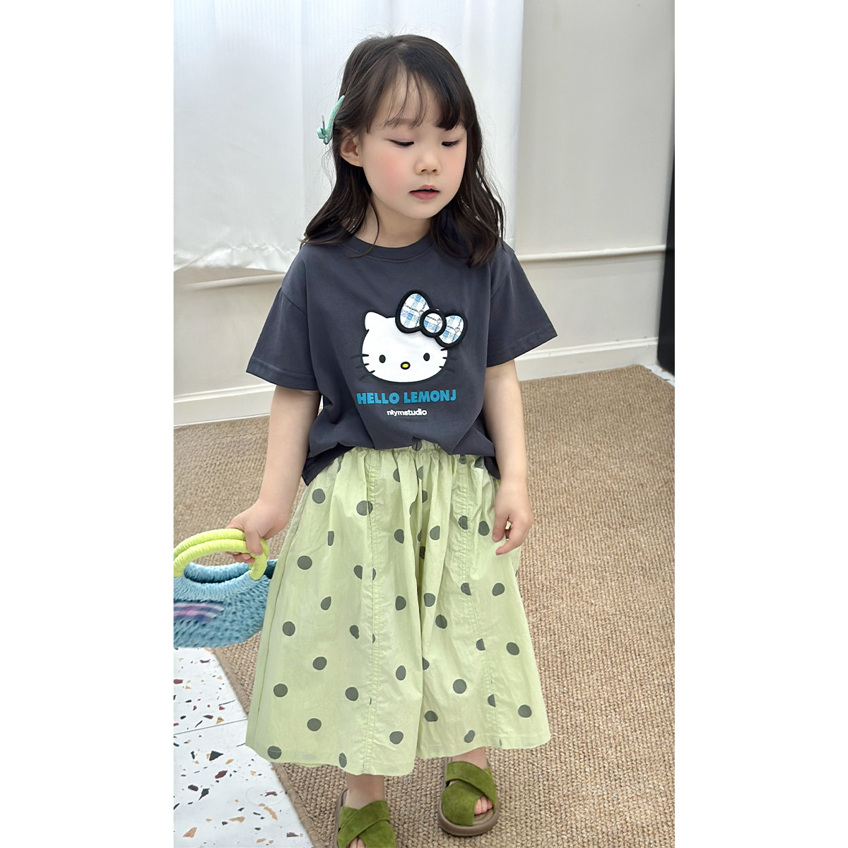 女童卡通短袖T恤波点七分裤阔腿裤套装韩版女宝宝夏装