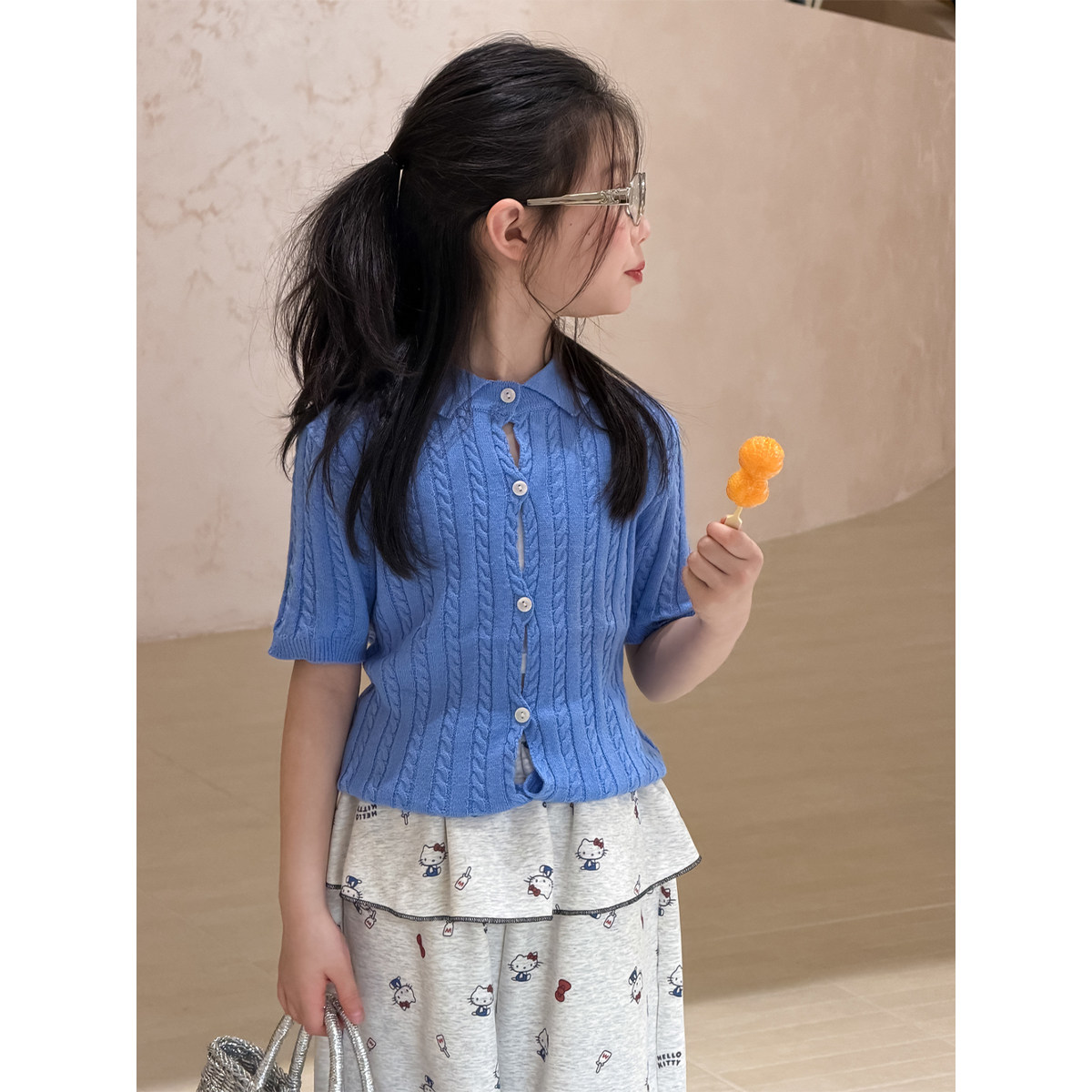 女童韩版蓝色麻花纹针织衫短袖2026春夏装儿童单排扣气质薄款半袖