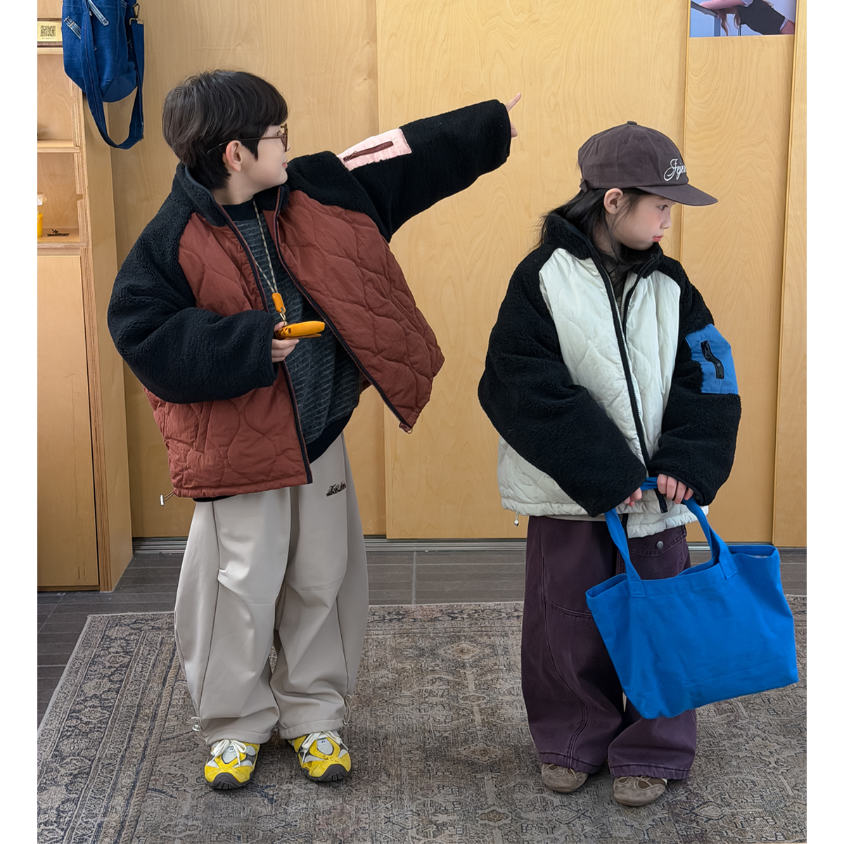 女童韩版菱形拼接袖棉服