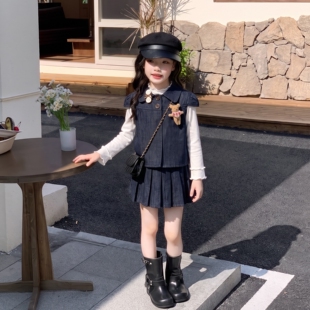 韩版学院风女童秋季新款三件套马甲衬衫百褶裙打底衫时尚洋气套装