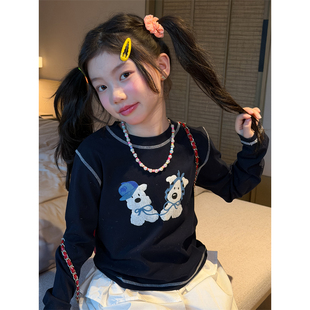女童甜美卡通小狗圆领长袖T恤2026春装黑色打底衫可爱休闲上衣