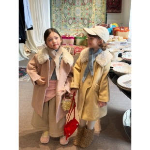 韩版毛呢大衣女童羊羔毛翻领大衣中长款加厚宽松外套秋冬儿童外套