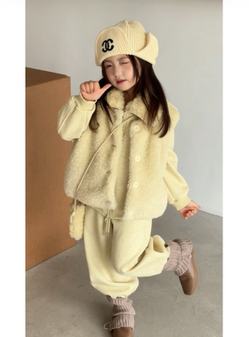 女童秋冬加绒翻毛领拉链卫衣套装