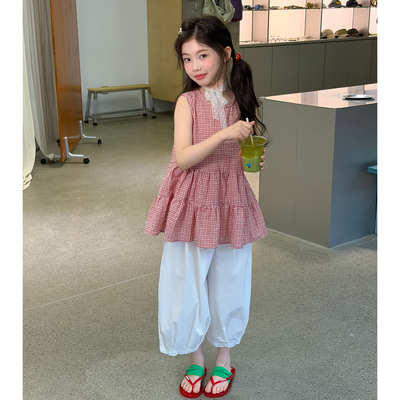 女童格纹背心娃娃衫休闲裤套装潮