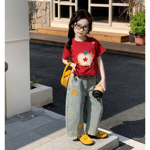 洋气百搭短袖 女童韩版 2026春夏新款 套装 潮 卡通印花T恤上衣牛仔裤