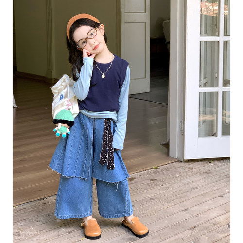 女童背心打底衫三件套牛仔裙裤套