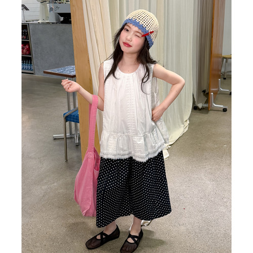 女童夏季蕾丝花边无袖上衣波点阔腿裤两件套2026夏装儿童洋气套装 - 封面