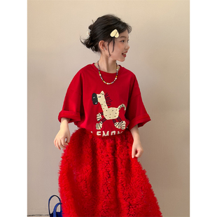 儿童时髦年服半袖 韩版 2026春夏装 纱裙套装 2件套 女童红色卡通短袖