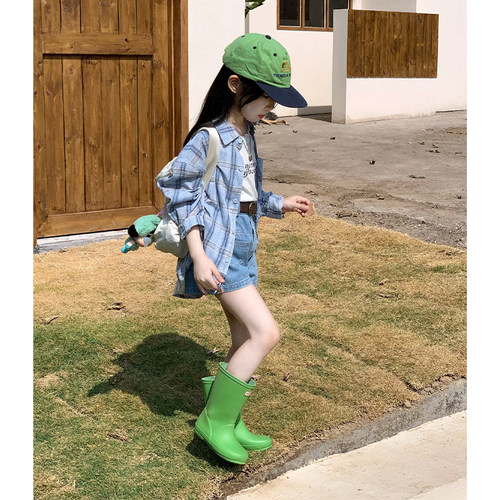 女童韩版格子衬衫牛仔短裤套装潮