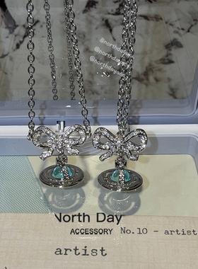 实拍自制orb薄荷绿球蝴蝶结玻璃珠立体土星星球耳钉钛钢项链