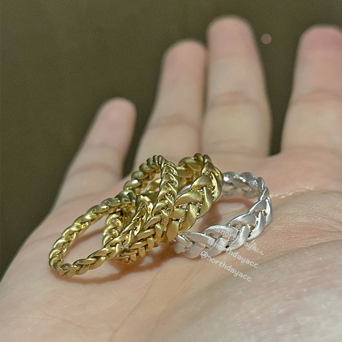 Northday出口单 博主同款磨砂哑光雾面编织复古麻花镀金戒指指环