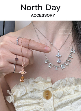 玫瑰金土星水滴宝石项链