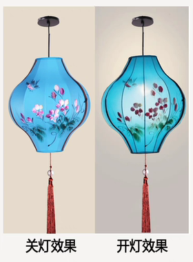 2025年中式腰鼓吊灯蓝色灯笼火锅店酒店古典中国风仿古手绘蓝灯笼