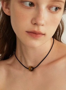 韩国博mone同款黑玛瑙虎眼石拉绳圆珠项链可调节锁骨链女