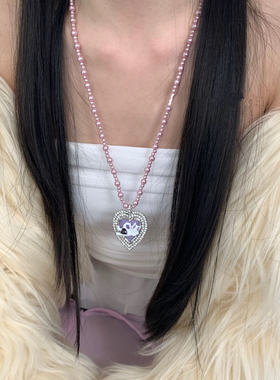 韩系千禧百搭猫咪珐琅紫色珍珠项链女轻奢小众长款毛衣链项链颈饰