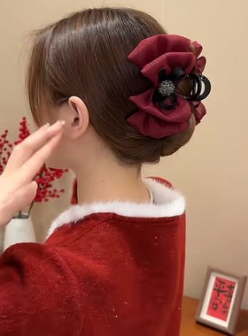 新年红色蝴蝶结盘发抓夹女秋冬发卡后脑勺发夹网纱云朵泡泡鲨鱼夹