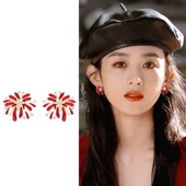 红色烟花耳钉2026新款 高级感气质耳环无耳洞耳夹轻奢小众设计耳饰