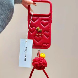 高级红色爱心立体小金马手拎绳适用苹果17promax手机壳iphone16新款 14pm全包保护壳 15pro女款