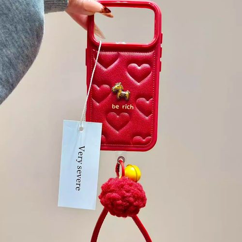 高级红色爱心立体小金马手拎绳适用苹果17promax手机壳iphone16新款15pro女款14pm全包保护壳