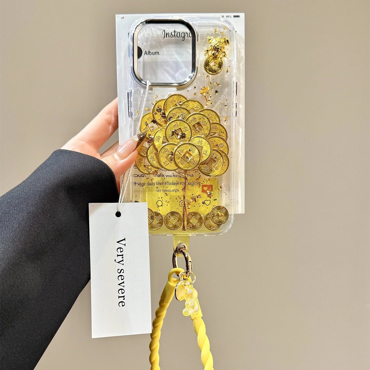 国风简约滴胶金箔铜钱树手拎绳适用苹果16promax手机壳iphone15新款14pro女款13pm全包保护壳,3C数码配件,手机保护套/壳,淘宝优惠券,粉丝福利购,淘宝优惠卷